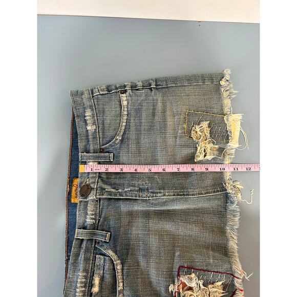 Y2K Vintage Angels Denim skirt size S micro mini distressed embroidered raw hem - Picture 2 of 10